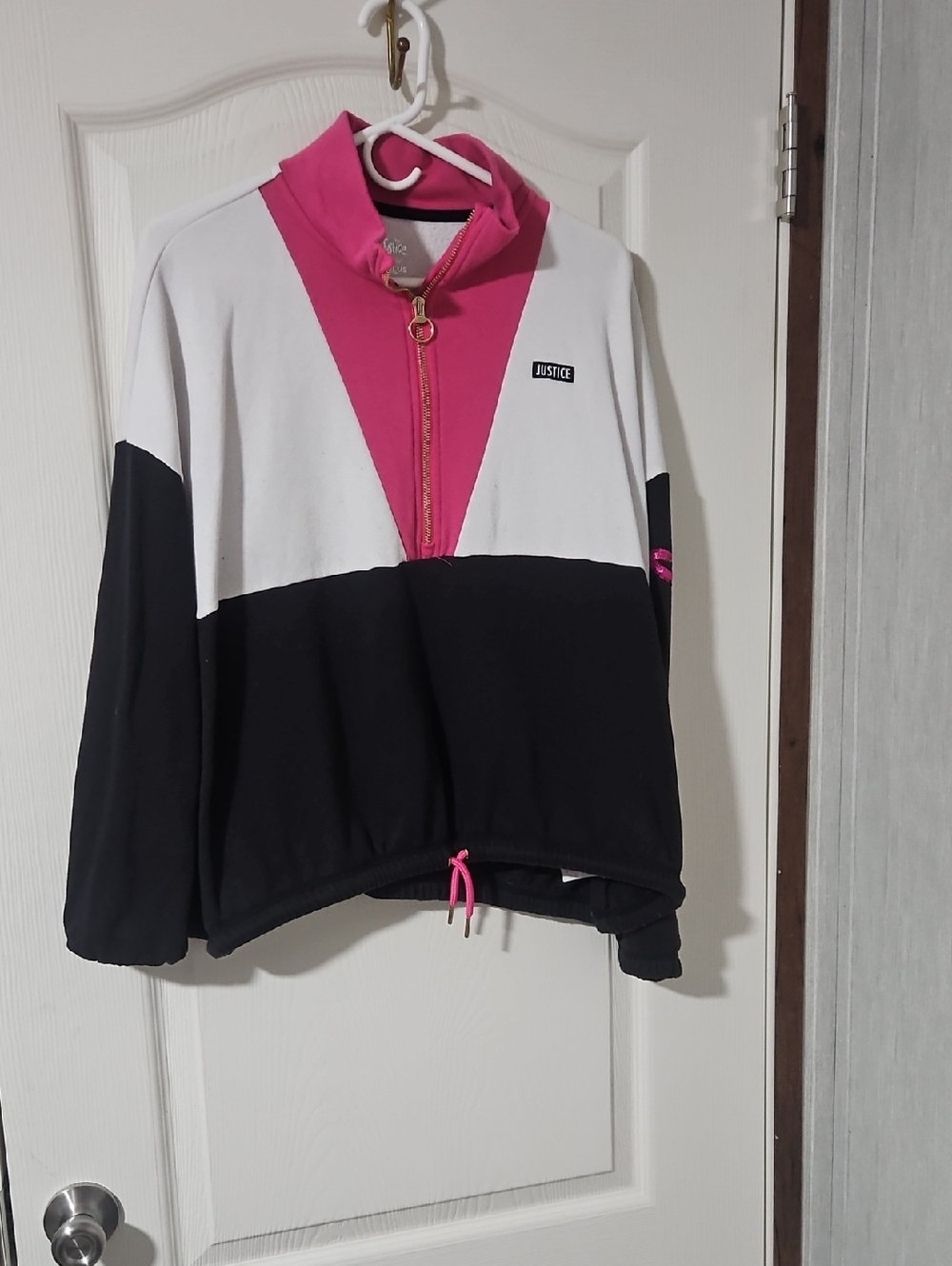 Justice Pink, White & Black Colorblock Half-Zip Bomber Jacket